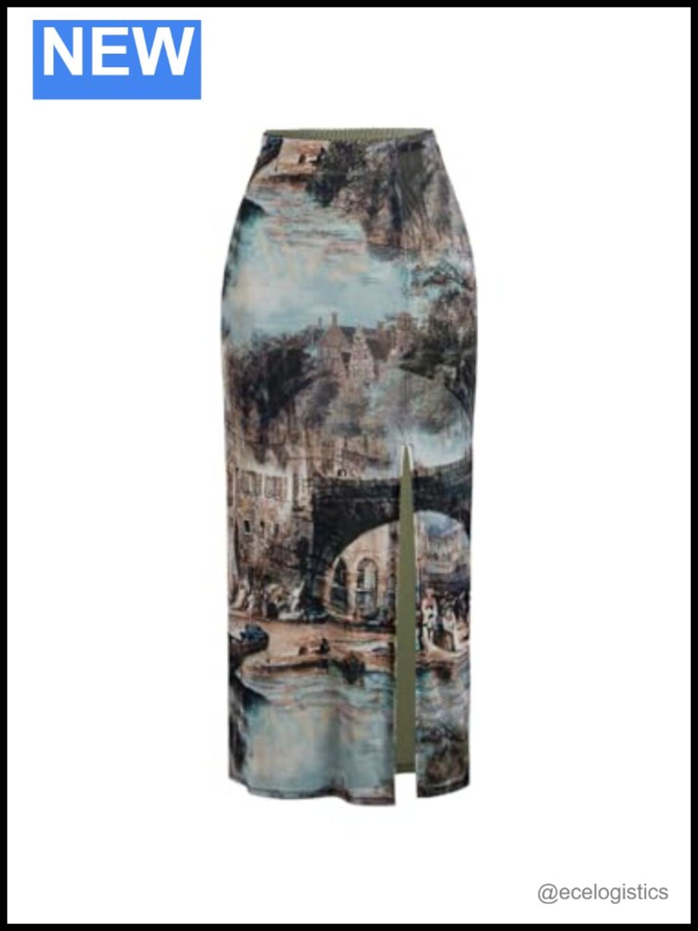 Vintage Artistic Print High Waist Straight Midi Skirt with Side Slit